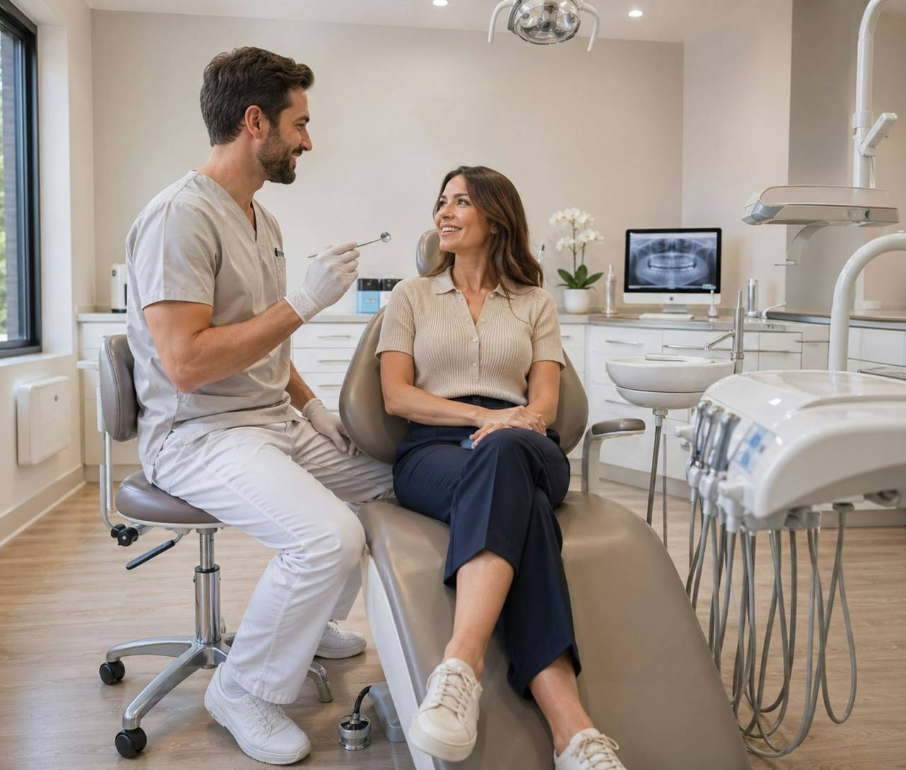 Un dentista conversa con una paciente sonriente sentada en el sillón de una consulta luminosa.