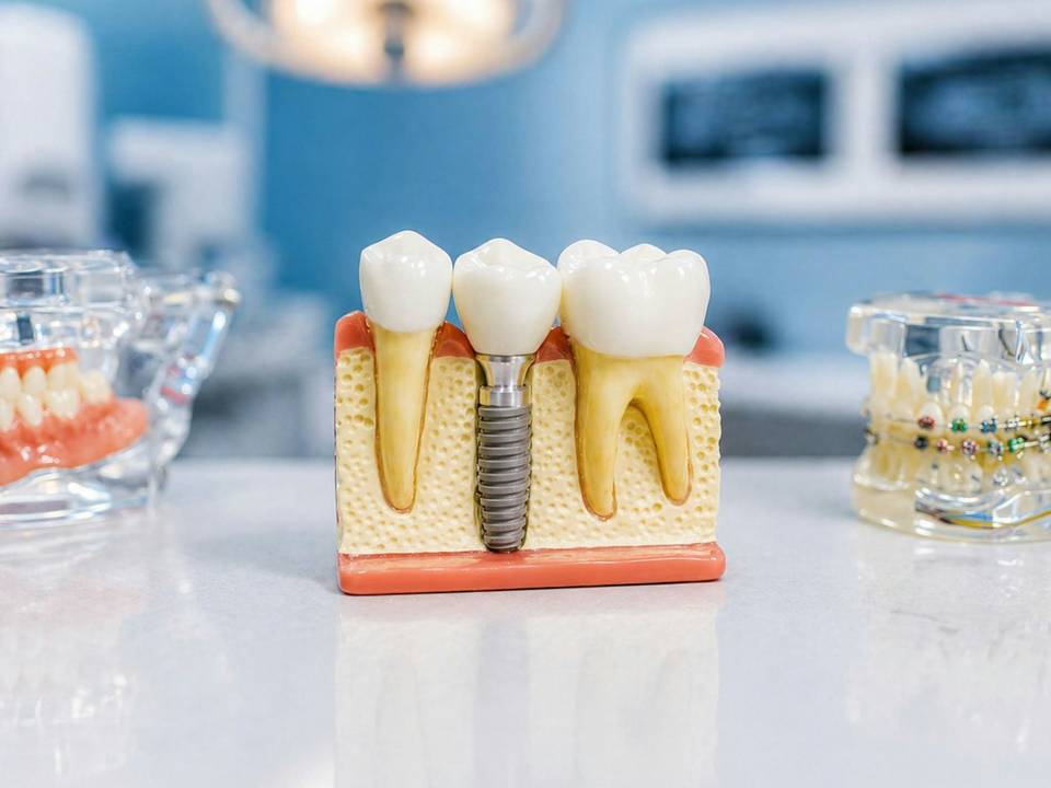 Maqueta dental que muestra un implante de titanio con su corona entre dos dientes naturales.